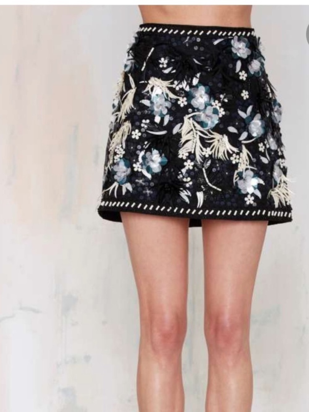Nasty Gal black ivory bone sequin bead embellished mini skirt back zip XL